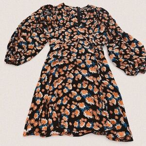 byTiMo Poppyfield Black Orange Micro Floral Mini Puff Sleeve V neck Dress small